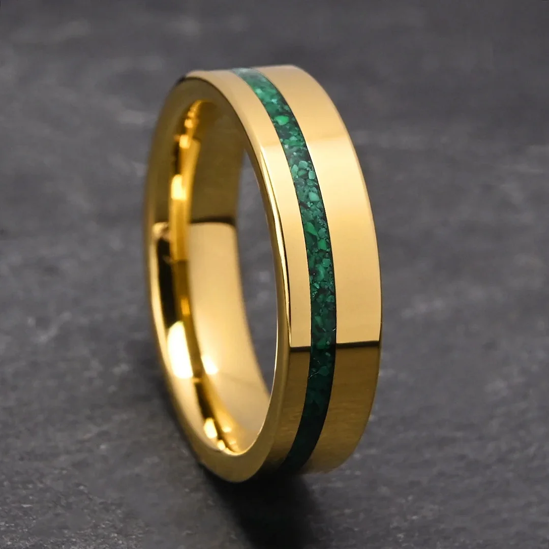 6MM Flat Electroplated Gold Tungsten Carbide Rings Green Malachite Couple Tungsten Wedding Bands
