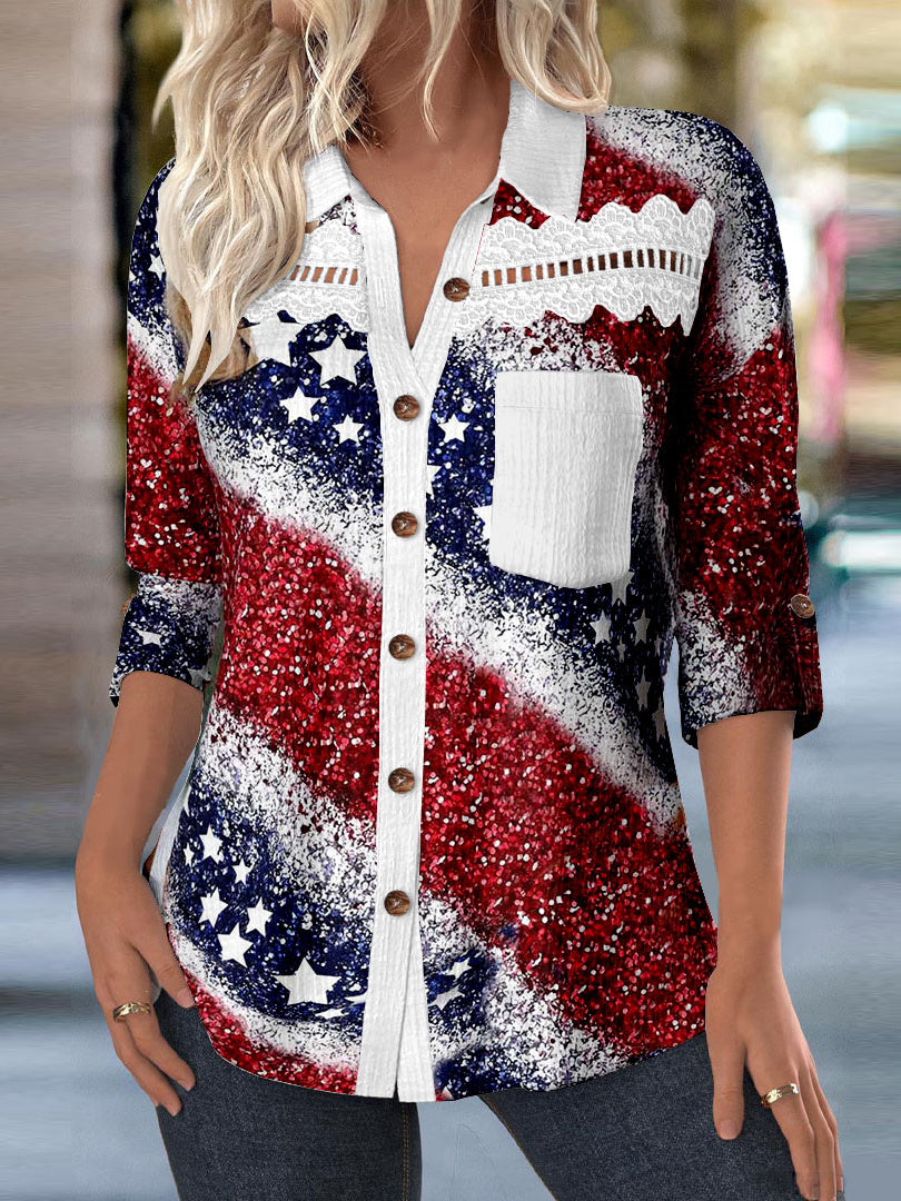 Women 3/4 Sleeve Shirt Collar Floral Printed Graphic Lace Button Pockets Tops