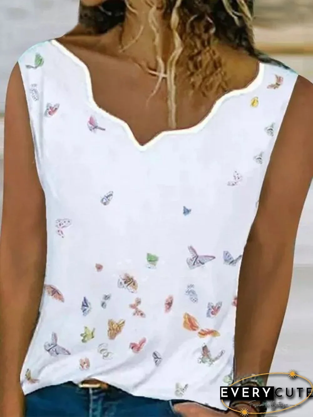 Vintage Sleeveless Butterflies Printed Plus Size Casual Vest Tops