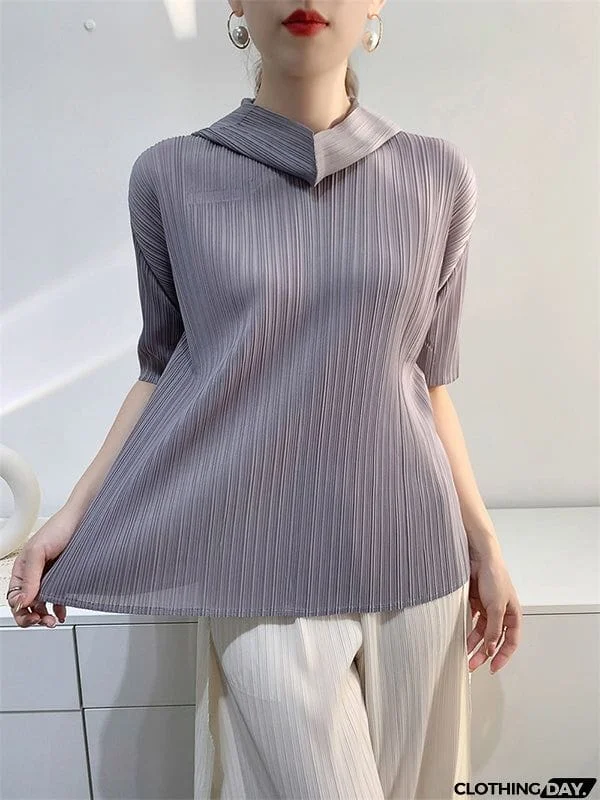Half Sleeves Hooded Pleated Solid Color Mock Neck T-Shirts Tops
