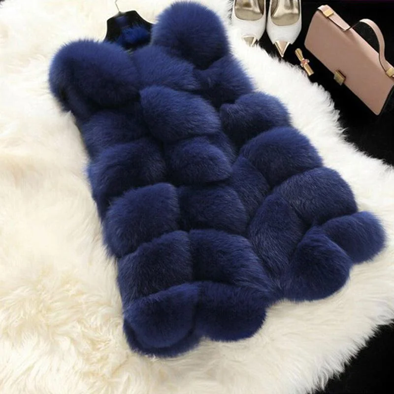 FTLZZ Winter Women Faux Fur Coats New Warm Slim Sleeveless Faux Fox Fur Vest Casual Jacket Female Elegant Black White Casaco 1026