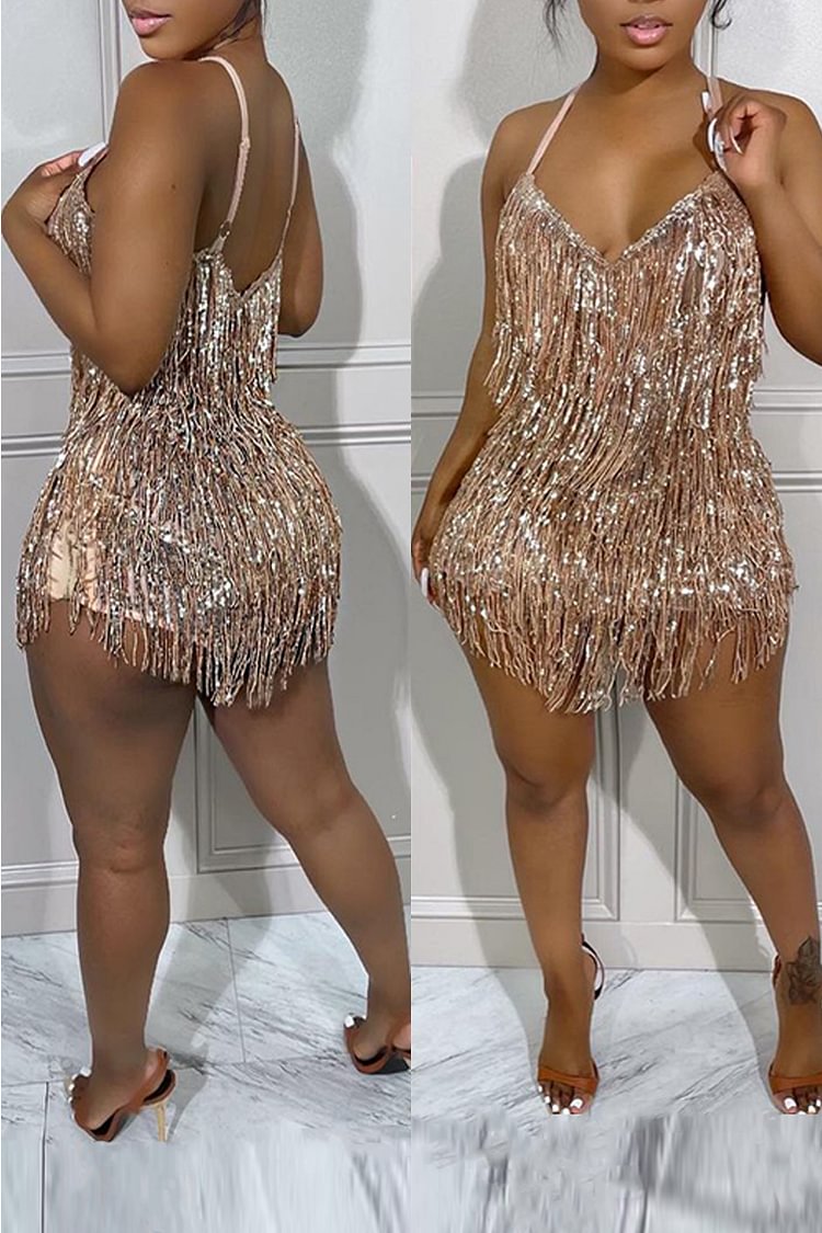 Xpluswear Plus Size Champagne Party Sequin Fringe Sleeveless Rompers [Pre-Order]