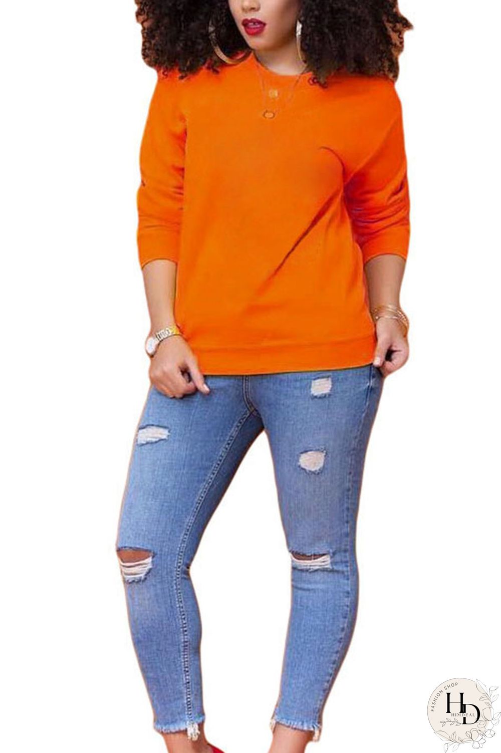 Orange Polyester O Neck Long Sleeve Solid Tops