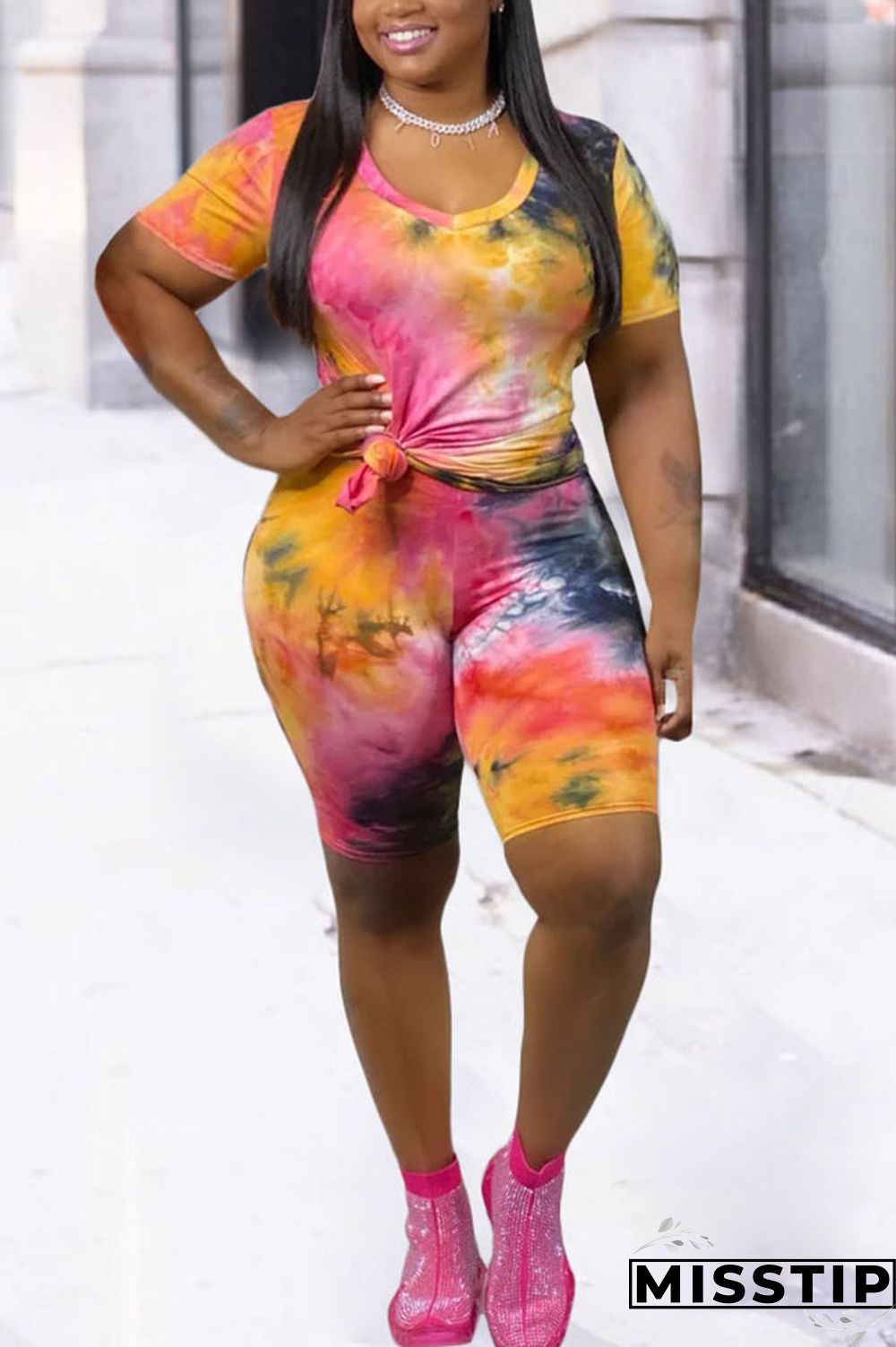 Orange Fashion Sweet O Neck Patchwork Print Tie Dye Two Piece Suits Stitching Plus Size