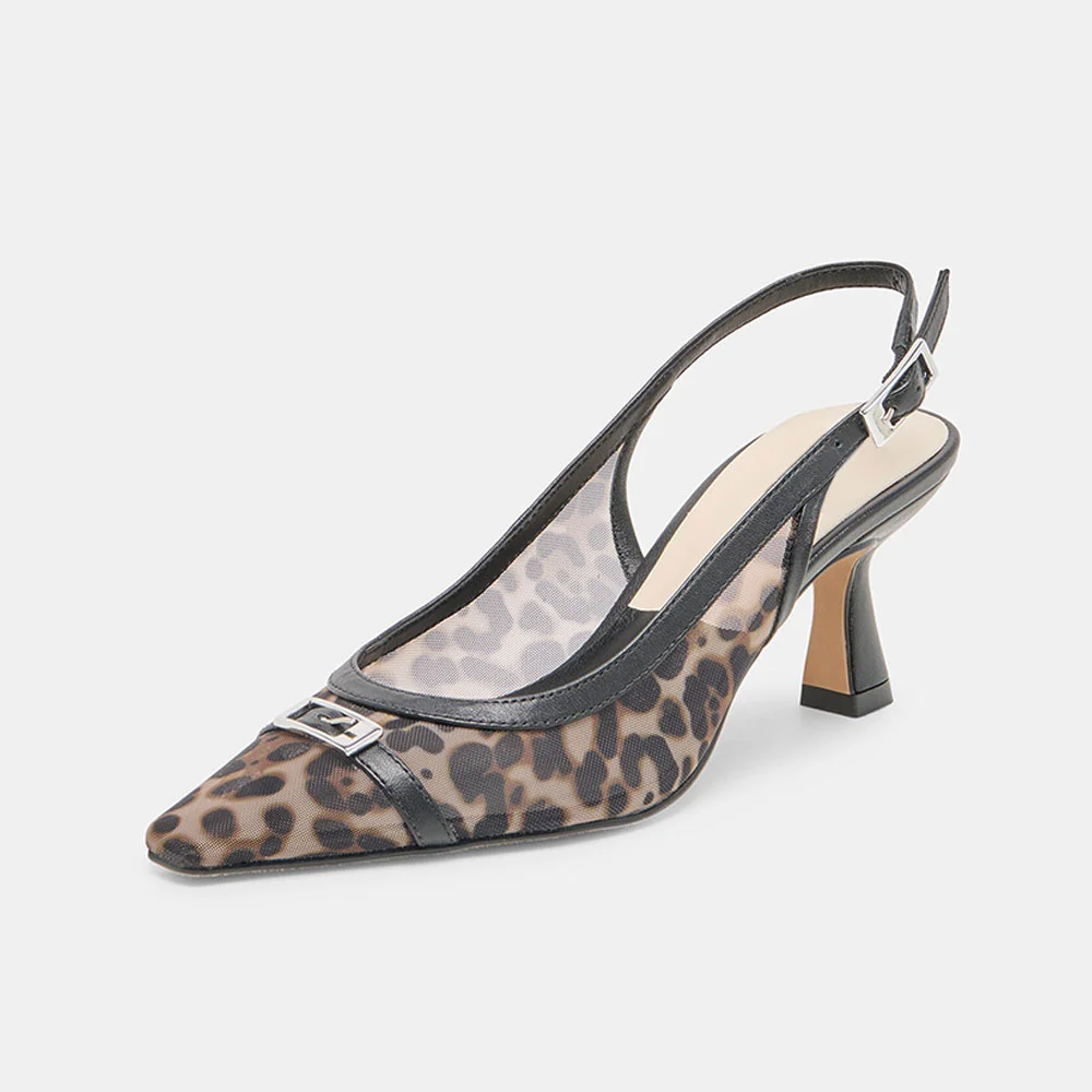 Beige Pointed Toe Leopard Print Slingback Flared Heel Pumps for Women