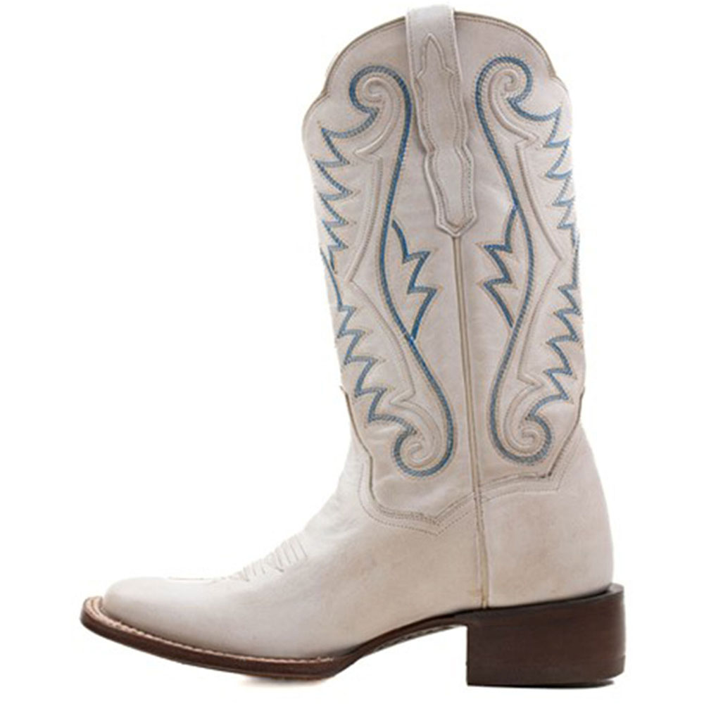 White Vegan Leather Sophisticated Square Toe Embroidery Inlay Cowgirl Boots With Block Heels