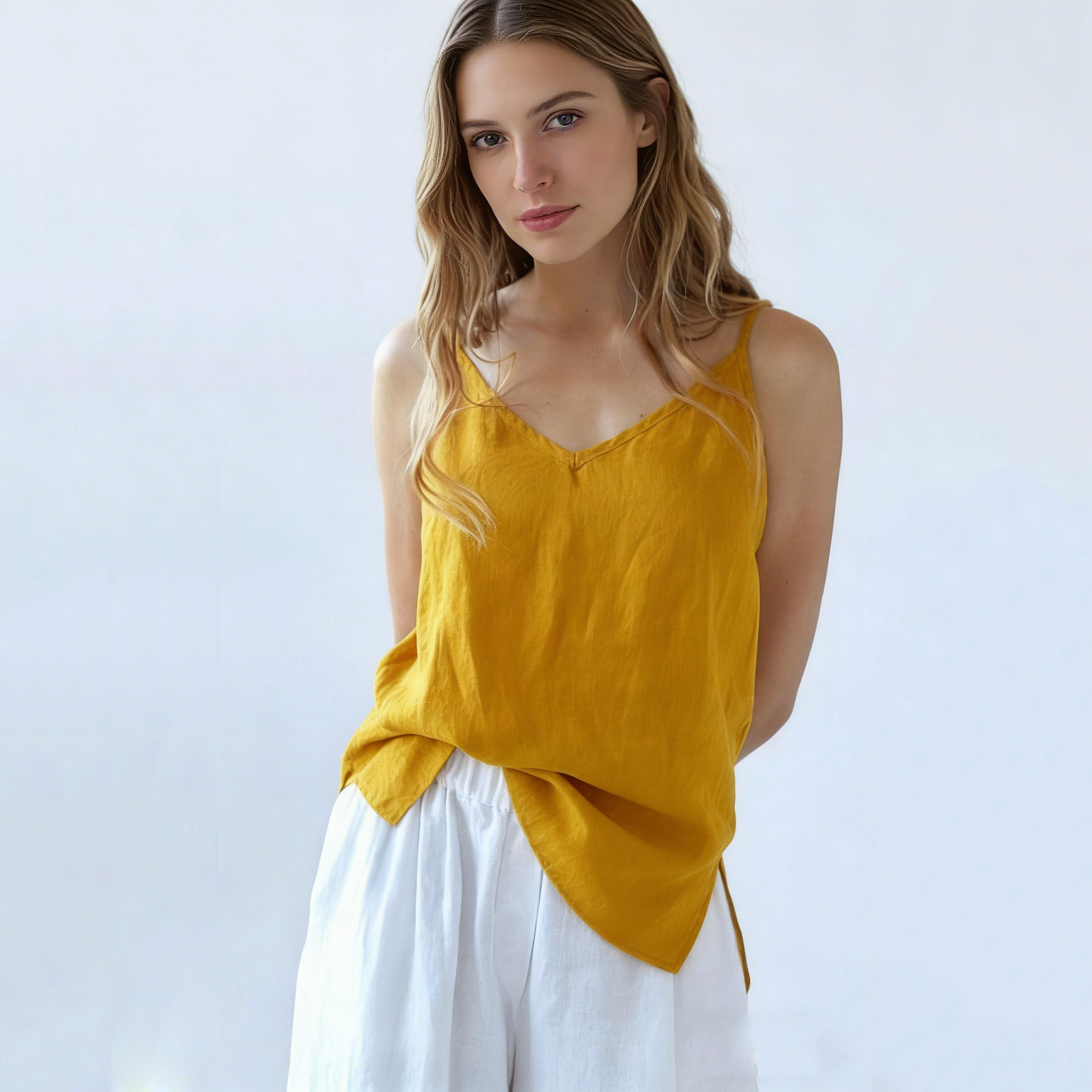 Linen Sleep Cami Women 100% Linen V Neck Loungewear Top Breathable REAL SILK LIFE
