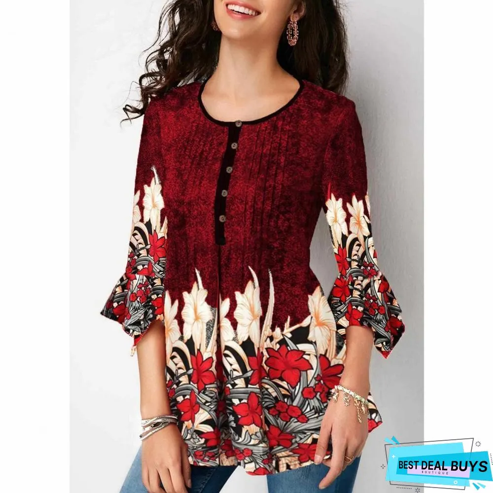 Women Plus Size Three Quarter Sleeve Floral Print Causal Loose Tunic Blouse Shirts