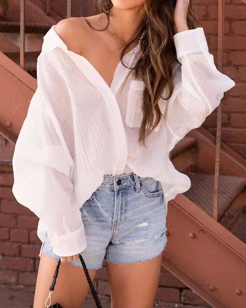 Sheer Single Breasted Chest Pocket Lapel Long Sleeve Shirt