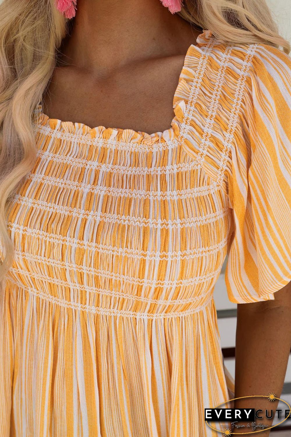 Yellow Striped Print Smocked Flowy Blouse
