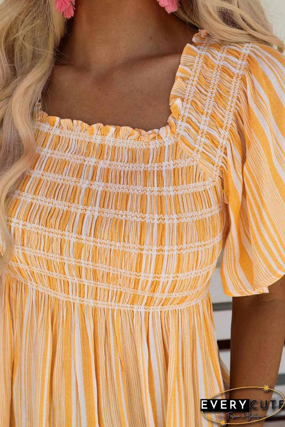 Yellow Striped Print Smocked Flowy Blouse