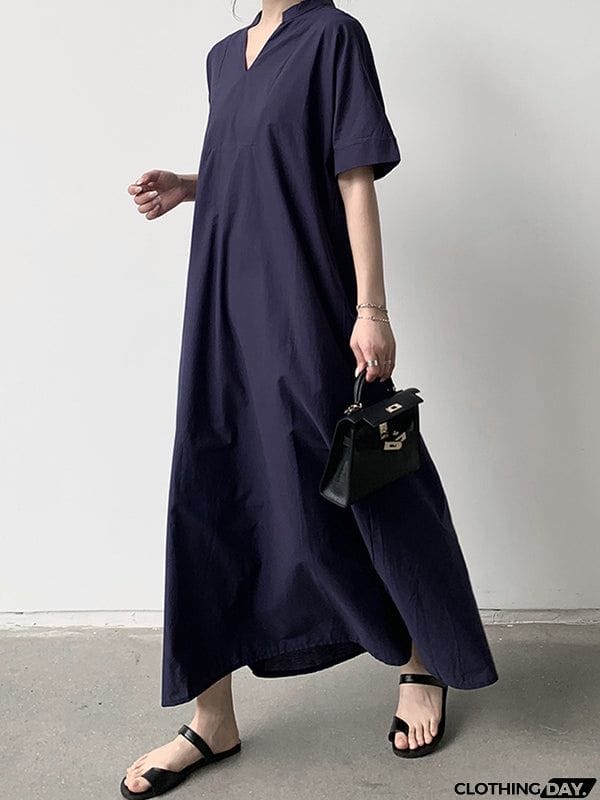 Loose Short Sleeves Solid Color V-Neck Maxi Dresses