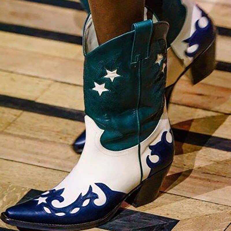 VCSHOES Patchwork Embroider Runway Boots Women Pointed Toe Chunky Heel Western Cowboy Ankle Booties Botas Mujer 42