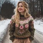 Vintage Floral Knit Embroidered Art Women's High-neck Icelandic Sweater - Image 2