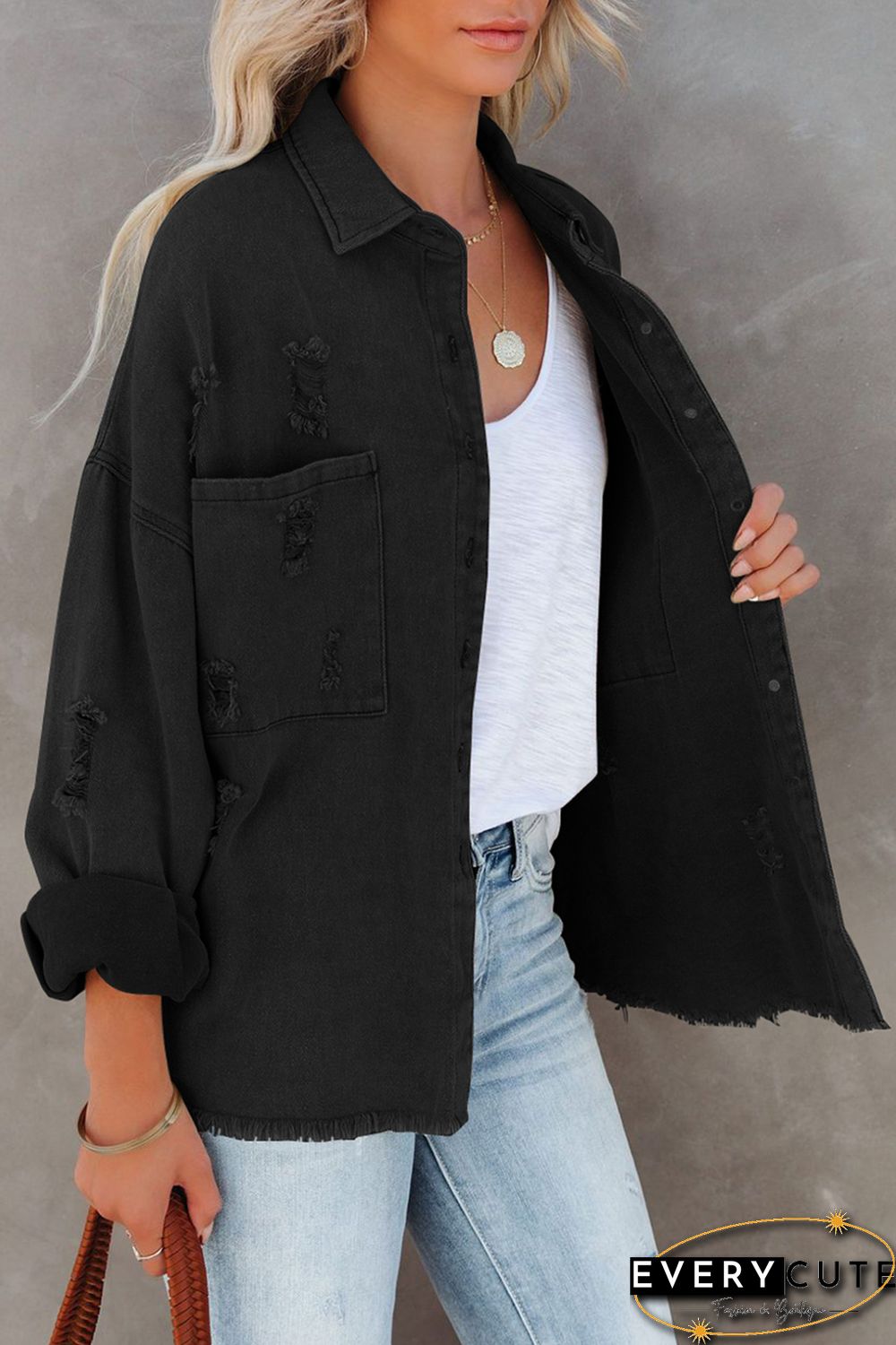 Black Christmas Hat Wine Glass Print Distressed Denim Jacket