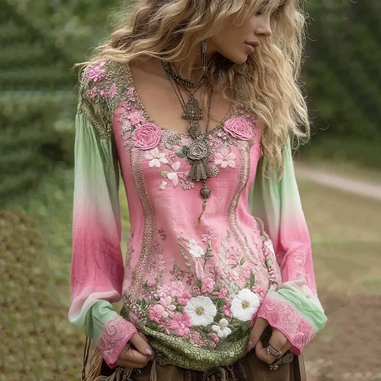 VChics Vintage Purple Lavender And Floral Embroidered Linen Long Sleeve Shirt