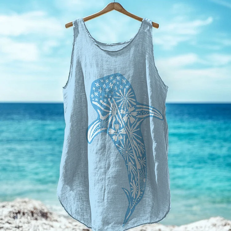 Utbros Whale Art Print Linen Blend Tank Top