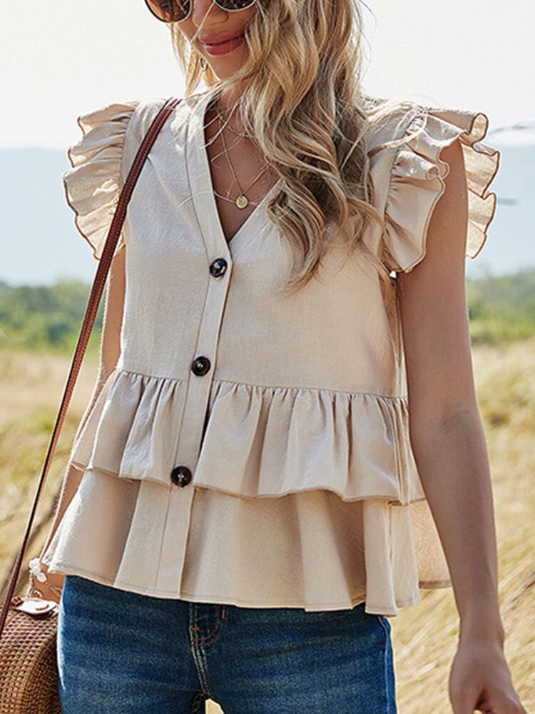 Solid Color Button Ruffle Sleeveless V neck Patchwork Blouse For Women P1829956