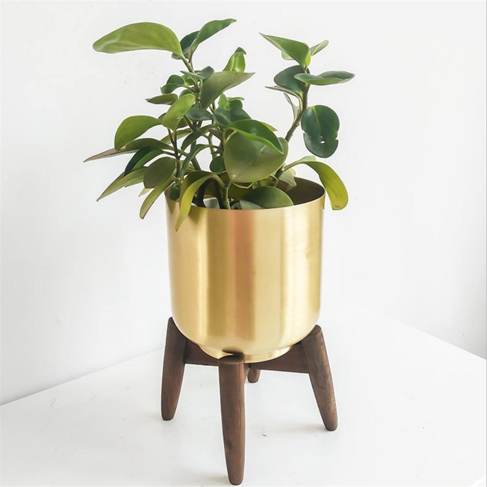 Gold Metal Planter with Wooden Plant Stand