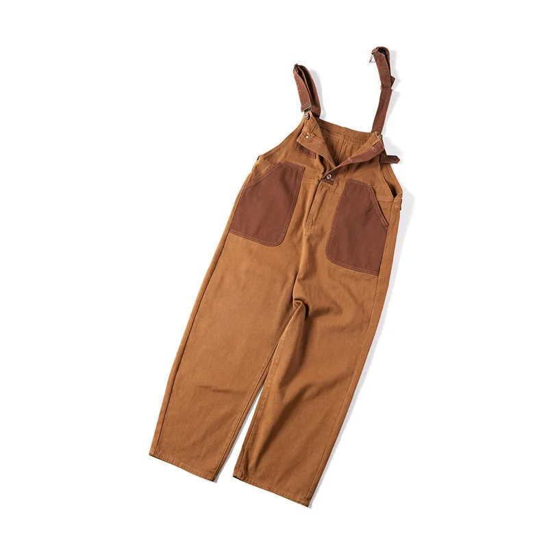 Men's Overalls Cargo Streetwear Brown Color Matching Pocket Retro Jumpsuits.