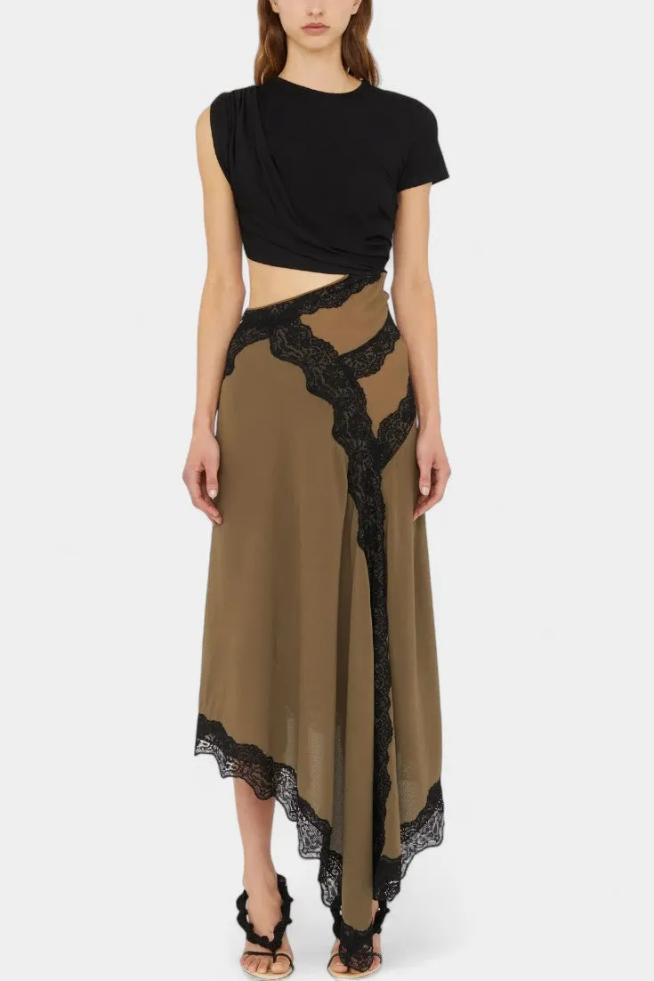 Asymmetric Lace-Trimmed Midi Skirt with Crop Top