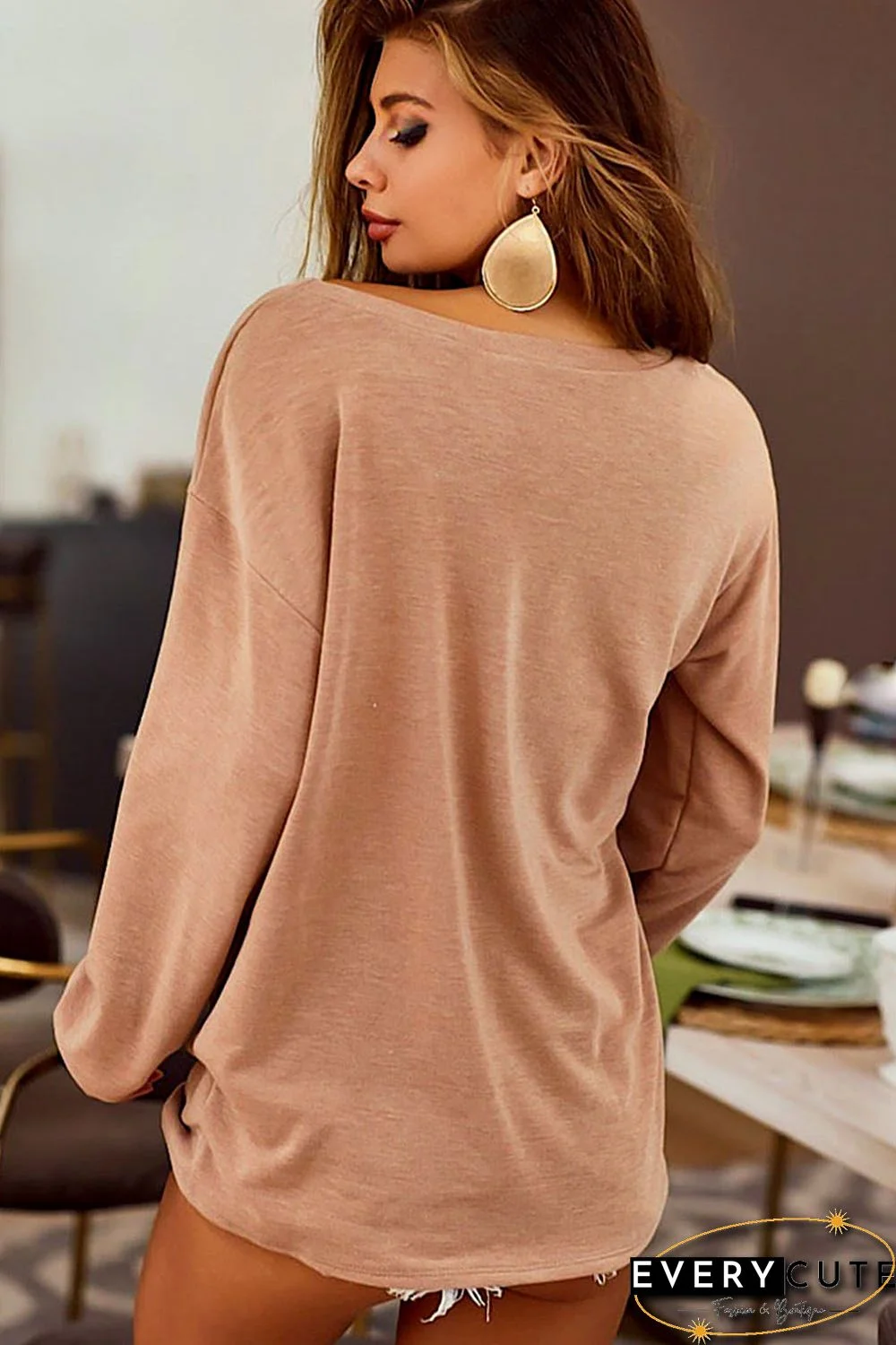 Khaki Distressed Cutout Long Sleeve Casual Top
