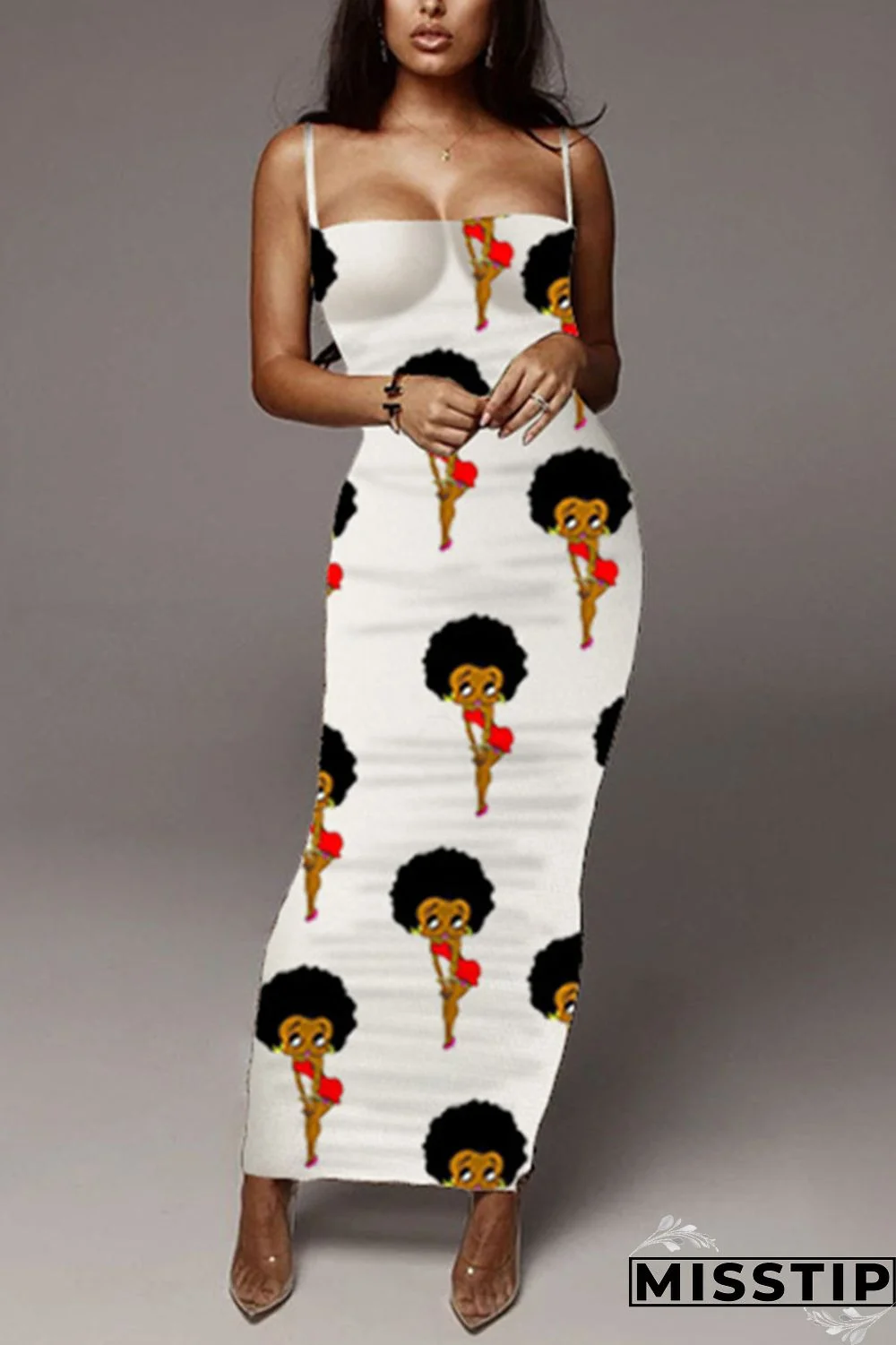 White Sexy Fashion Printed Sling Long Dress