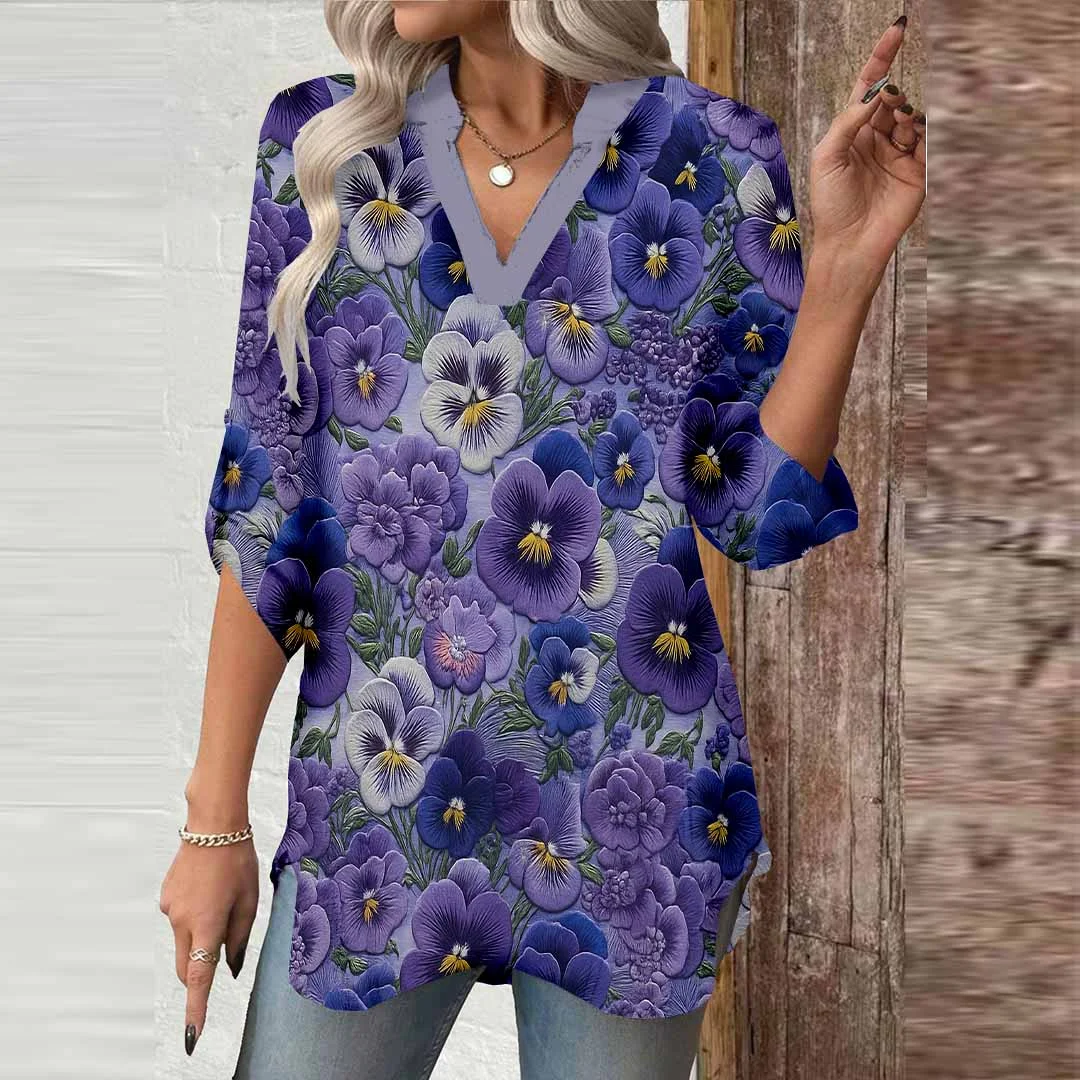Women Floral,Purple DZGA0582 3/4 Sleeve V-neck Printed Graphic Button Tops