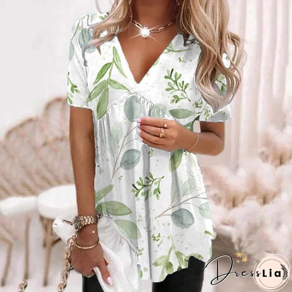 Printed Womenv Neck Pleated Tunic Tops