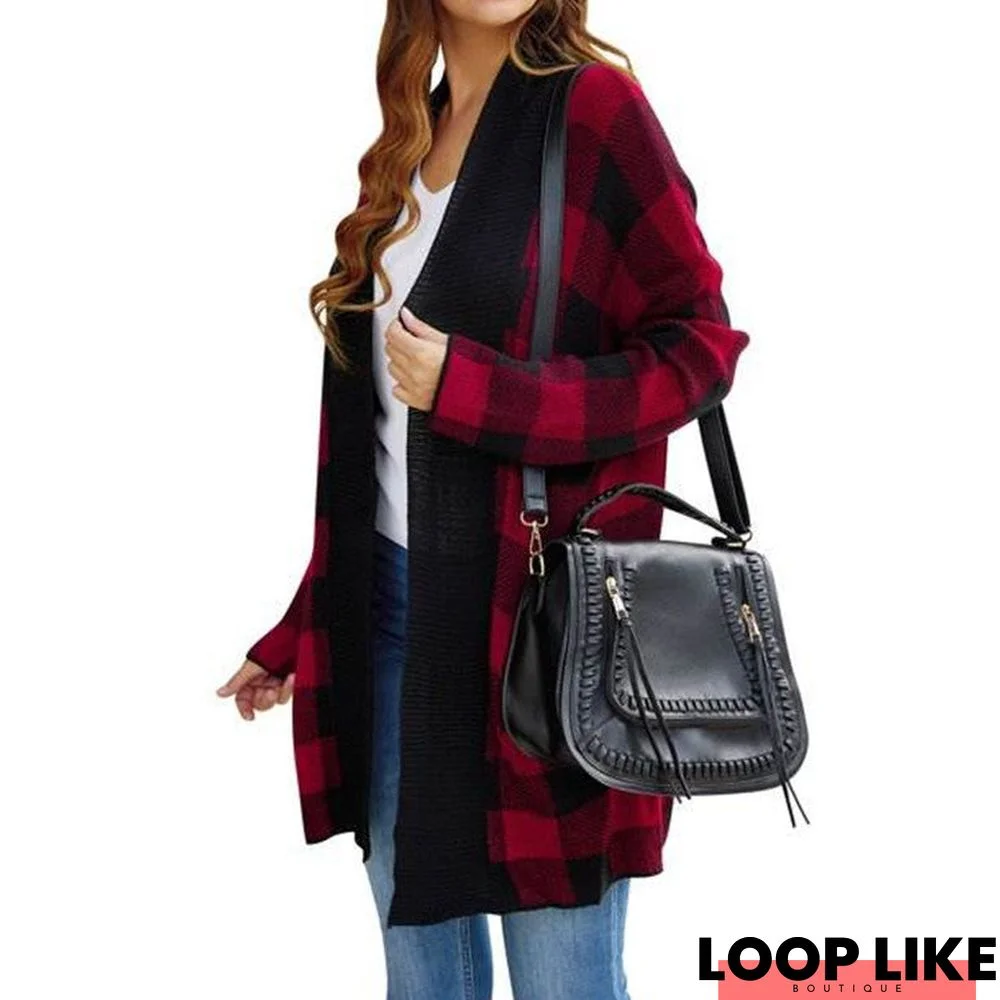 Women's Plaid Knitted Cardigan Loose Solid Color Plus Size Knitwear Coat Sweater
