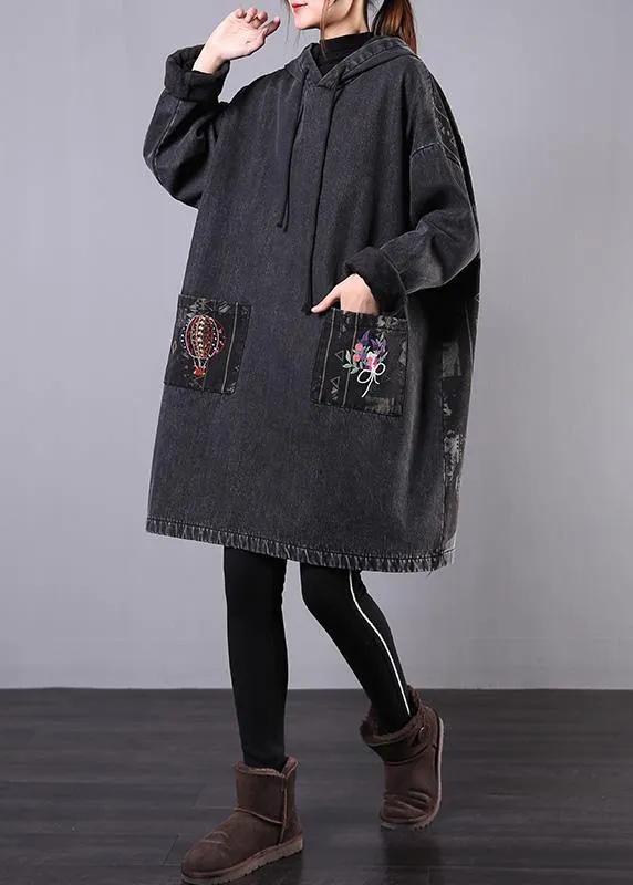 diy denim black embroidery Plus Size casual coats women hooded patchwork jackets