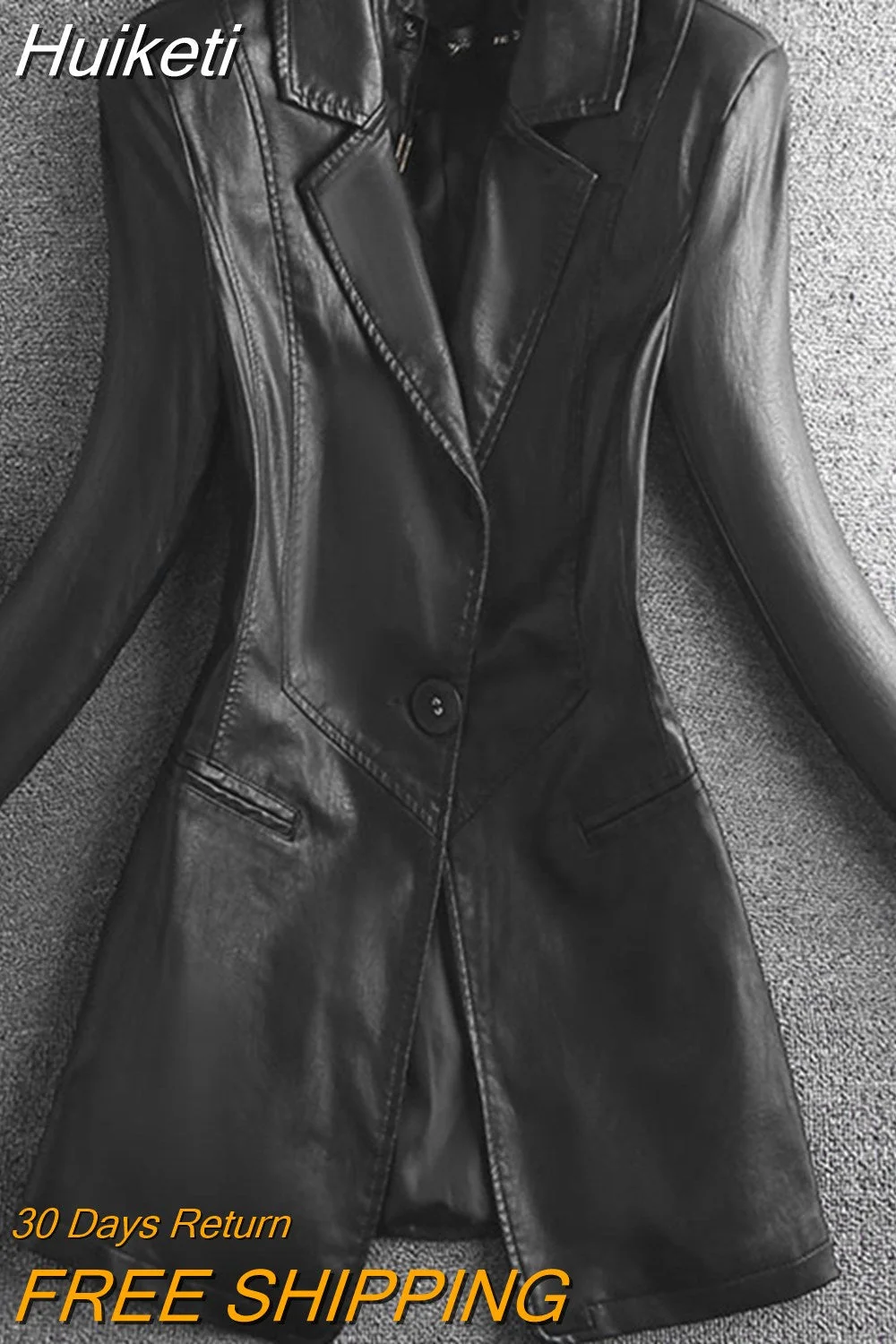 Huiketi Spring Elegant Black Light Soft Faux Leather Blazer Long Sleeve Slim Fit Luxury Women Blazers and Jackets Fashion 2023