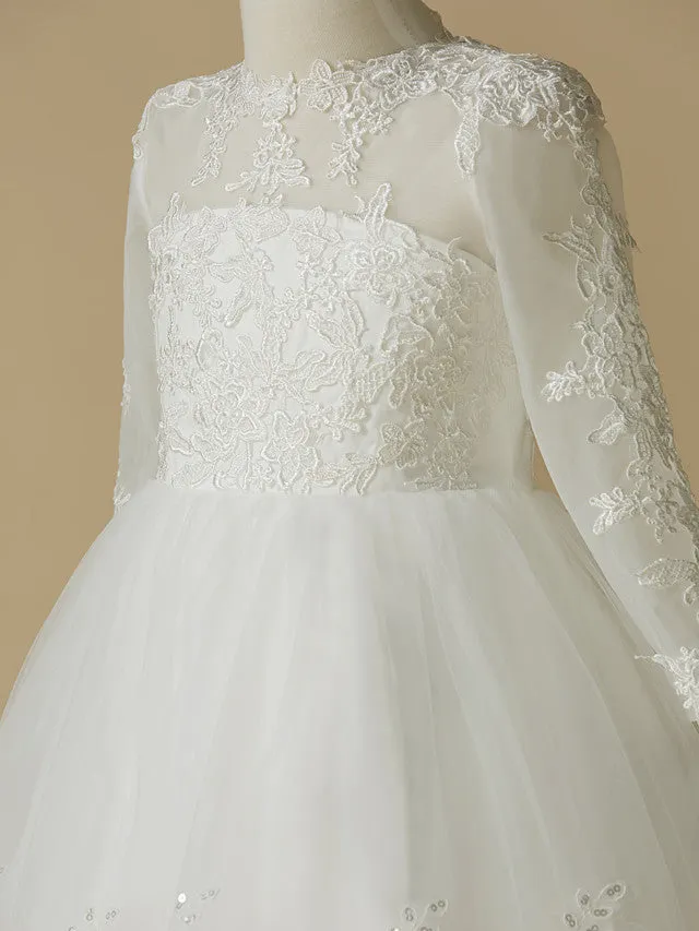 Princess Long Sleeve Jewel Neck Flower Girl Dress with Lace Crystals and Rhinestones