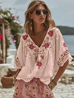 Women's Vintage Floral Art Linen Comfy Shirt - Image 3