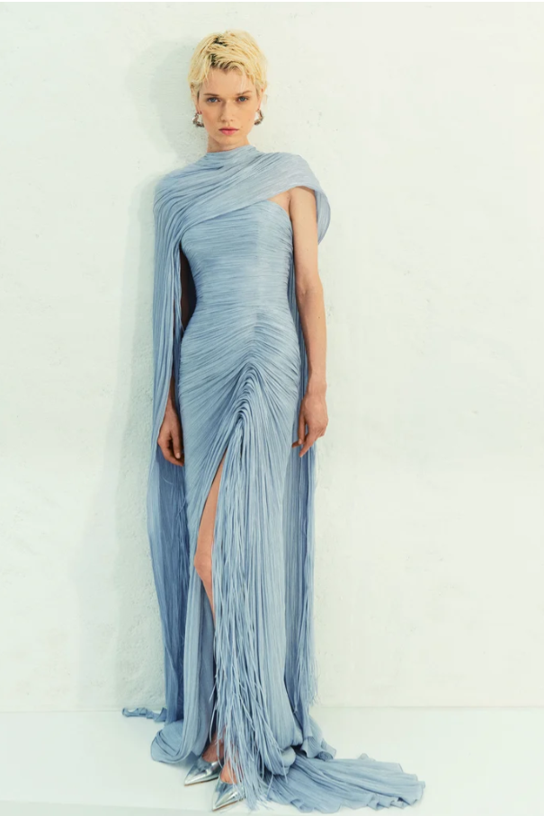 Lussooy Chic Blue Strapless Pleated Sleeveless Tassel Split Prom Dress with Shawl 
