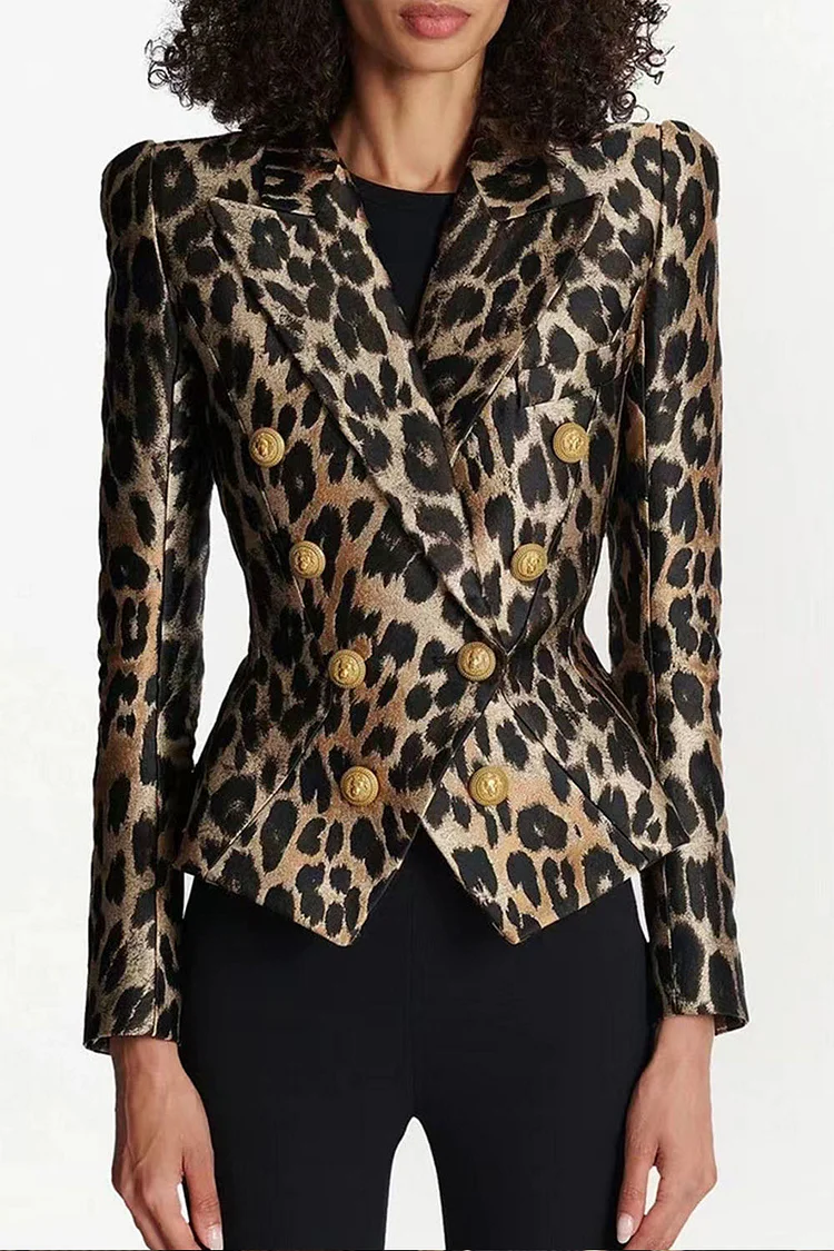 Leopard Pattern Peak Lapel Metal Button Blazer-Brown