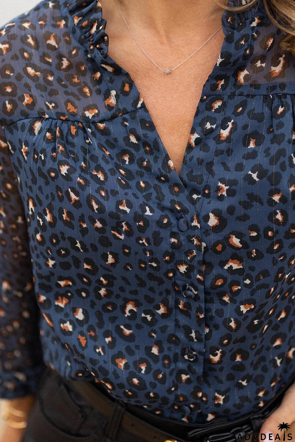 Blue Leopard Sheer Button Front Long Sleeve Shirt