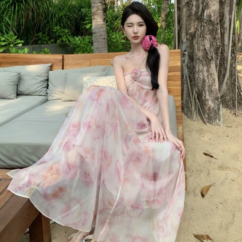 Uveng Uveng Sense Of Three-Dimensional Flower Small Minority Hanging Neck Type Dress Seaside Holiday Show Thin Dress