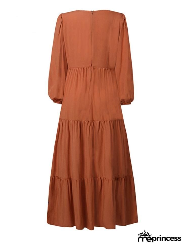 Stylish V Neck Long Sleeve Elastic Cuff Pleated Maxi Dress