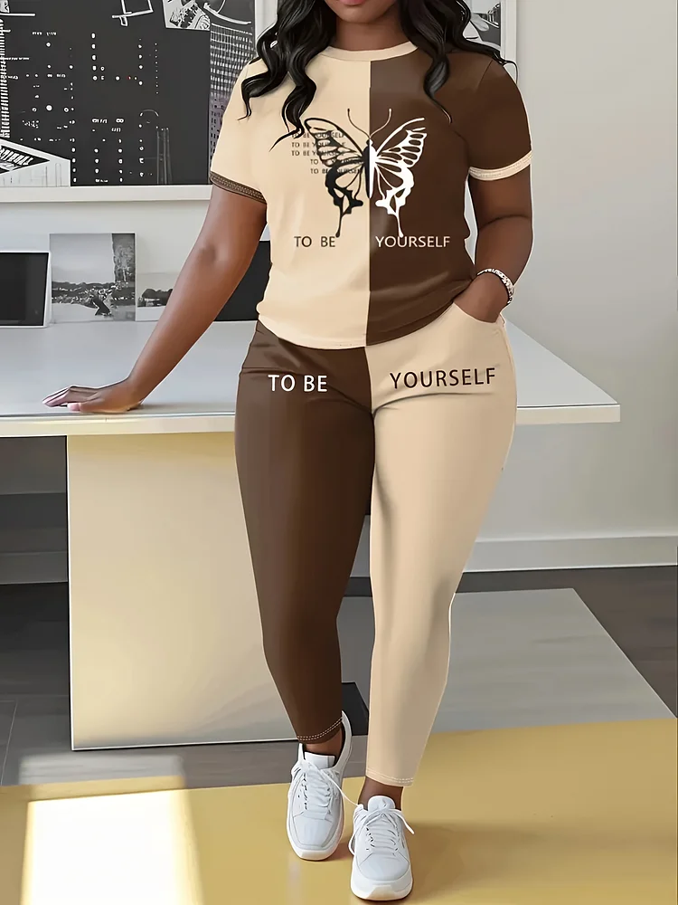 Women's Vibrant Color Block & Butterfly Print Two-Piece Set Pocket T-Shirt And Straight-Leg Pant