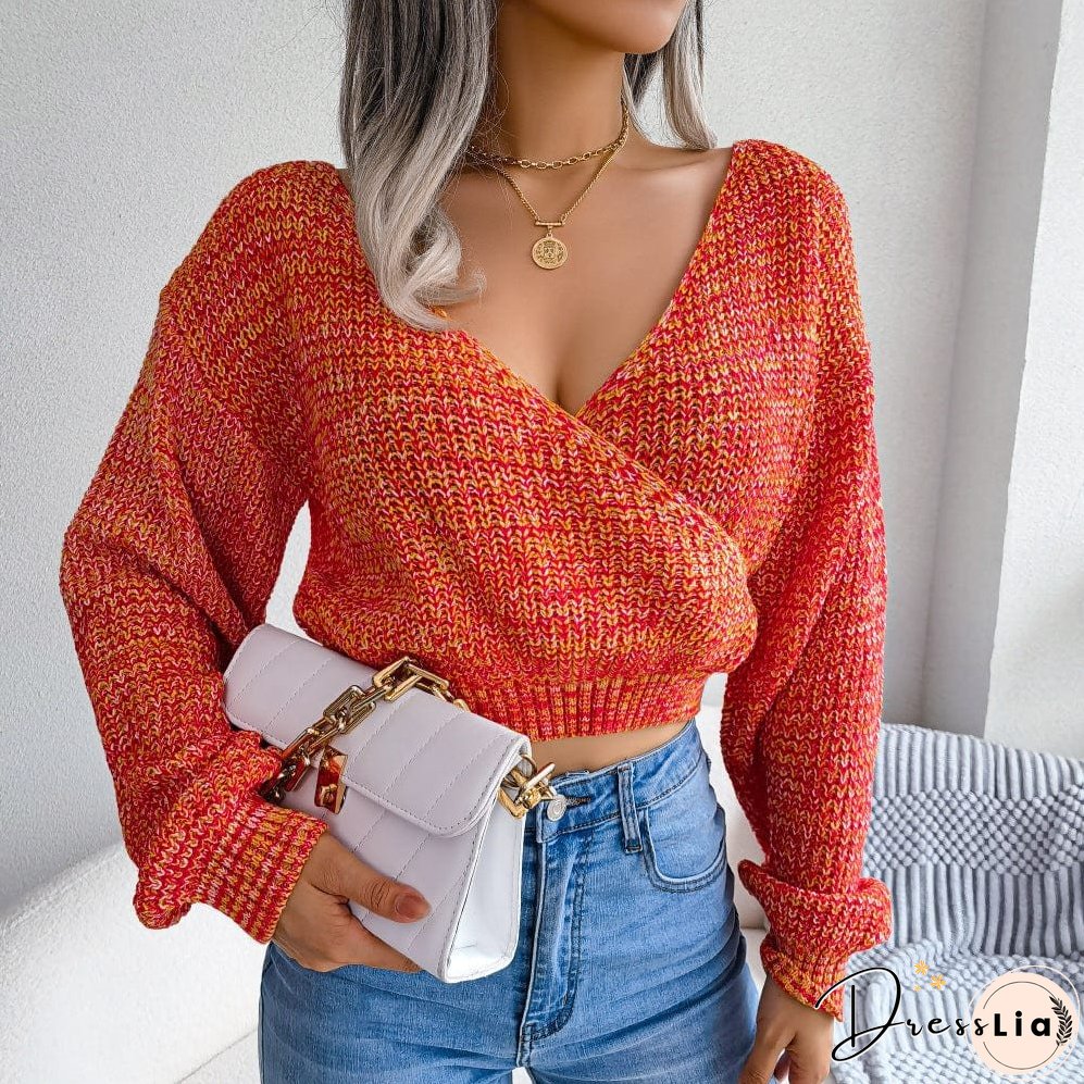 Heathered Surplice Cropped Sweater