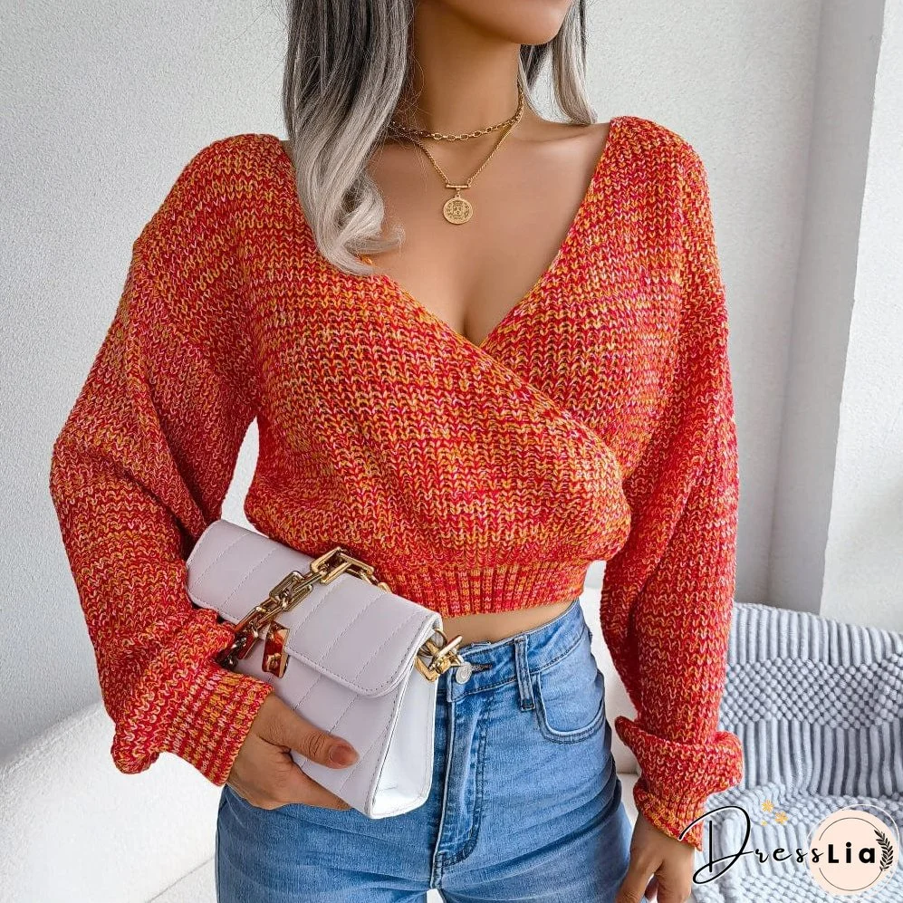 Heathered Surplice Cropped Sweater