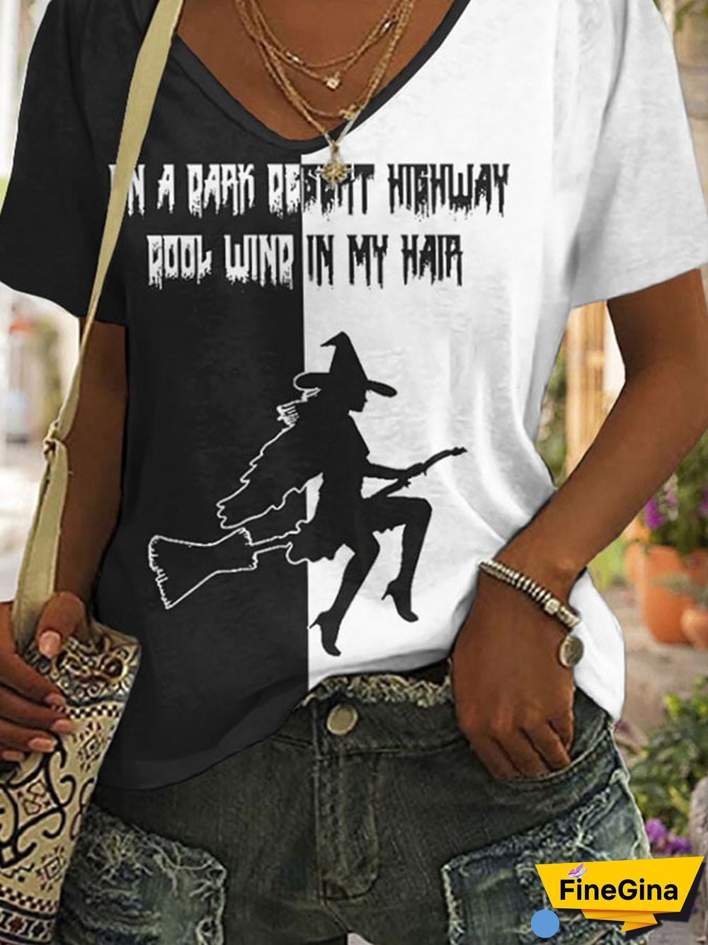 Women's Casual On A Dark Desert Highway Cool Wind In My Hair Witch Printed Short Sleeve T-Shirt