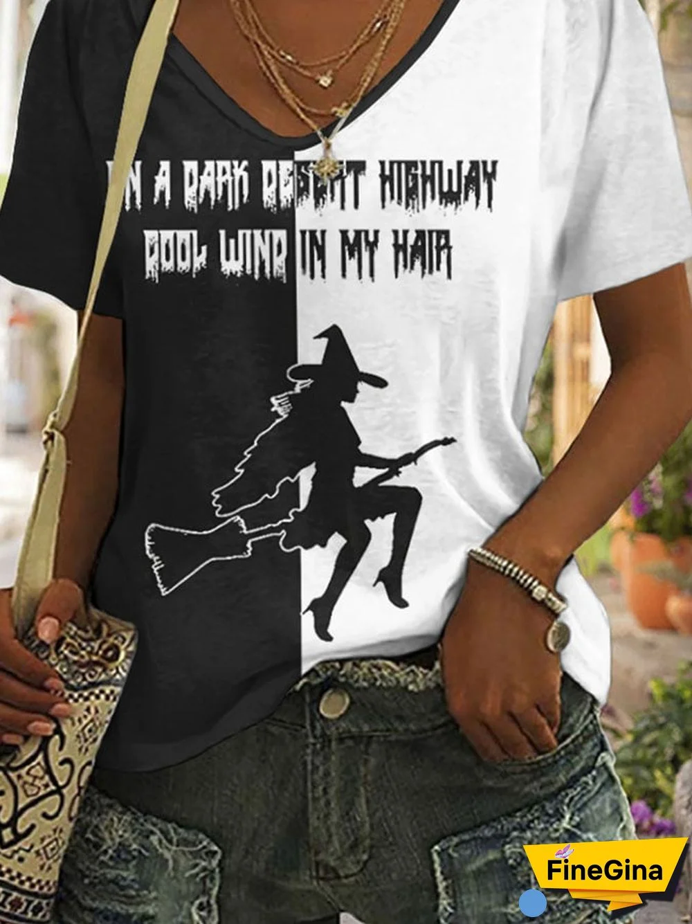 Women's Casual On A Dark Desert Highway Cool Wind In My Hair Witch Printed Short Sleeve T-Shirt