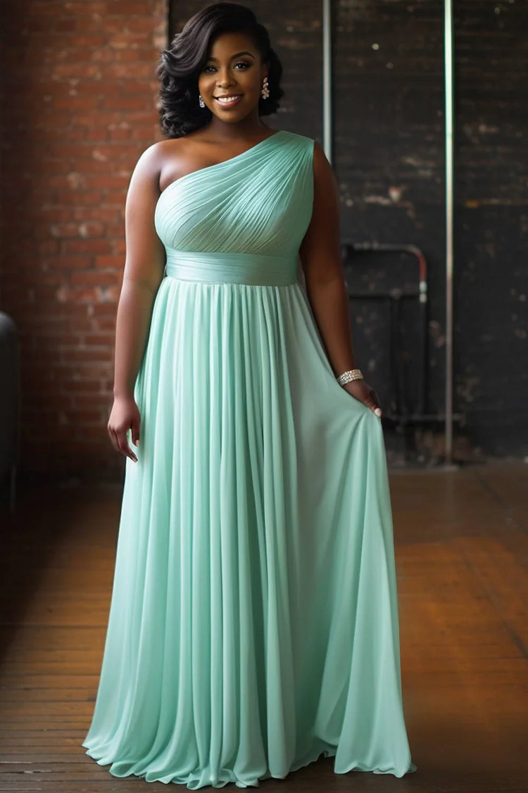Xpluswear Design Plus Size Bridesmaid Green One Shoulder Pleated Knitted Maxi Dresses [Pre-Order] 2024 - Xpluswear
