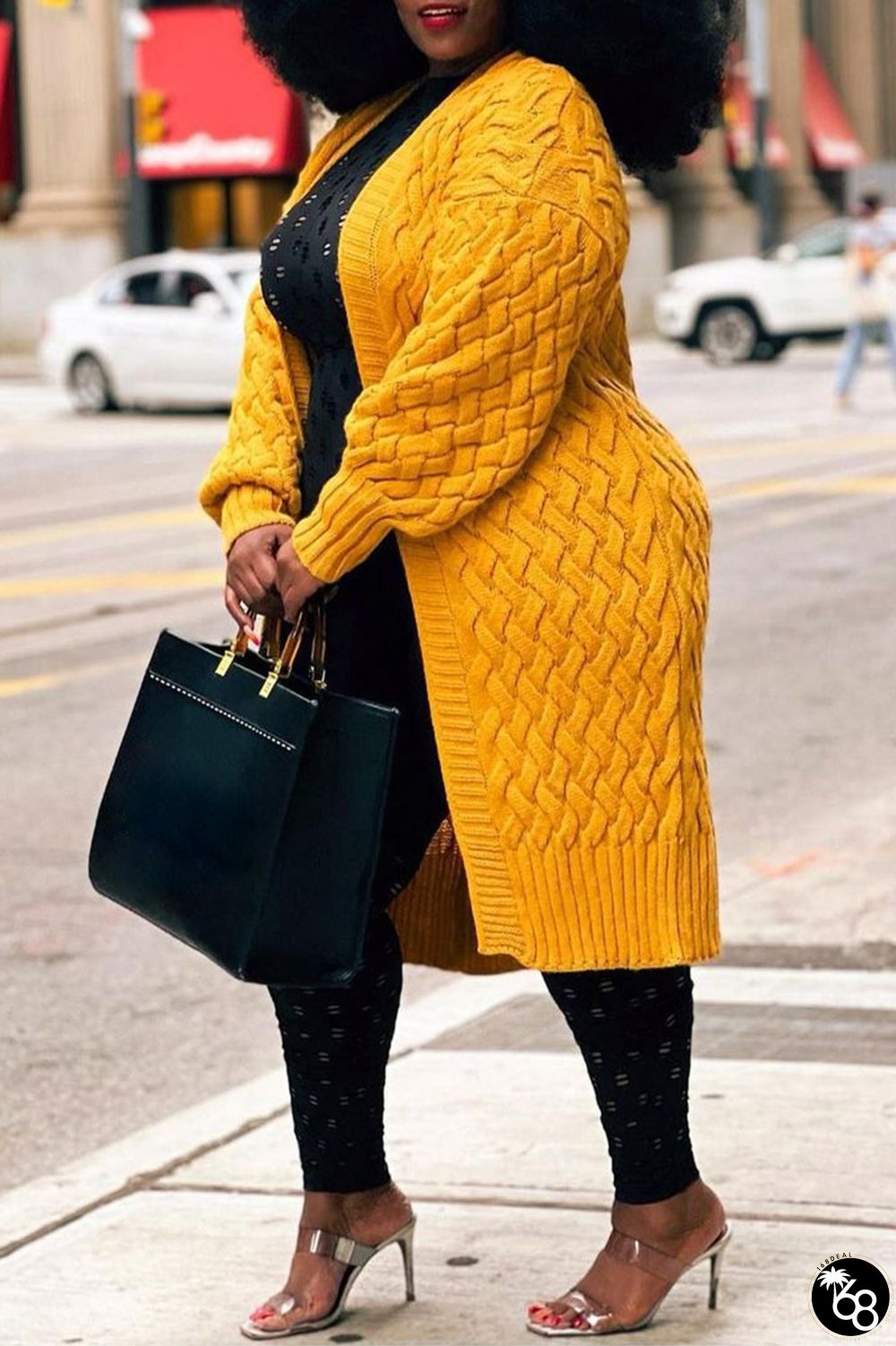 Plus Size Yellow Casual Daily Elegant Cardigan Solid Color Cardigan Collar | 168DEAL