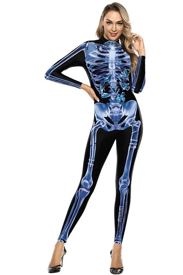 Long Sleeve Skeleton Print Bodycon Halloween Jumpsuit Blue-elleschic