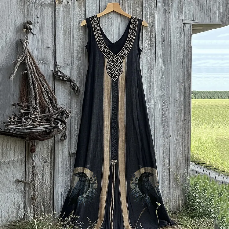 Vintage Viking Raven Celtic Knot Art Linen Tank Dress
