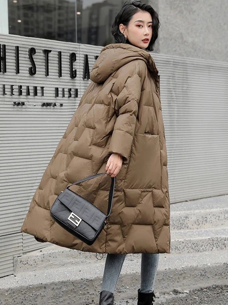 Ailegogo Winter Women Hooded Loose Thick Warm 90% White Duck Down Long Parkas Casual Female Zipper Pocket Down Coat Snow Outwear