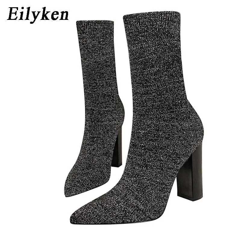 Eilyken Comfort Stretch Women Sock Boots Square High Heel Ankle Boots Fashion Pointed Toe Fall Stretch Shoes Black Big Size 2022